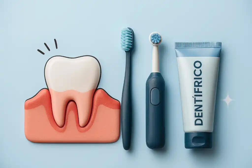 Cepillo de filamentos extrasuaves y pasta dentífrica especial para encías sensibles sobre fondo claro, con hojas verdes que transmiten frescura y salud