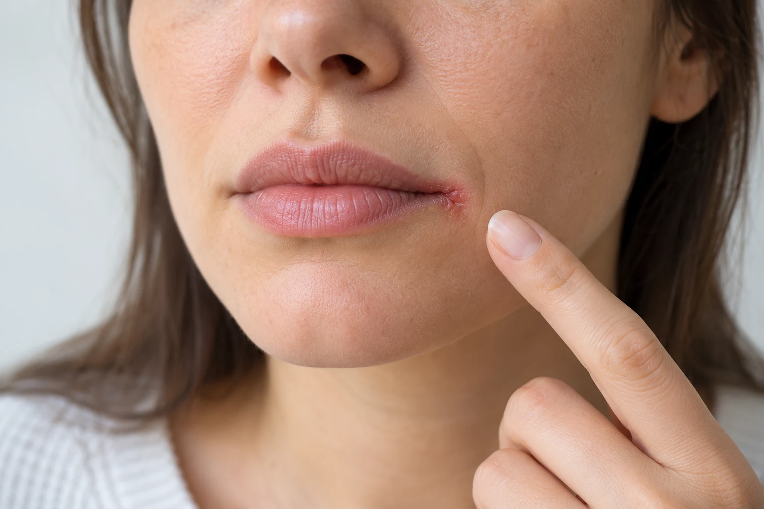 Fisura y enrojecimiento en la comisura de los labios, ilustración de una boquera
