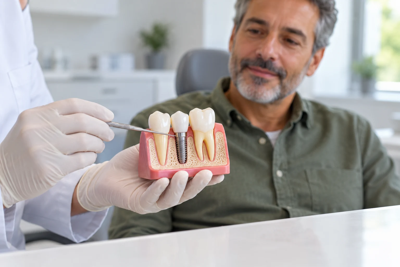 Profesional dental explica un implante con un modelo de demostración a un paciente